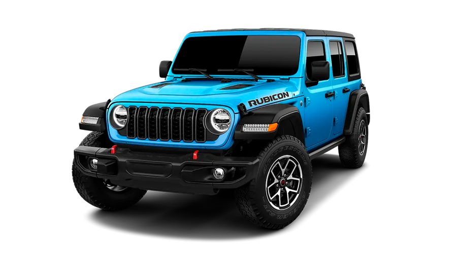 Jeep Wrangler Rubicon azul visto de frente em três quartos