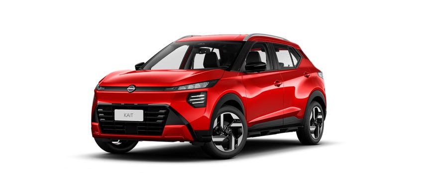 Nissan Kait vermelho visto de frente em três quartos