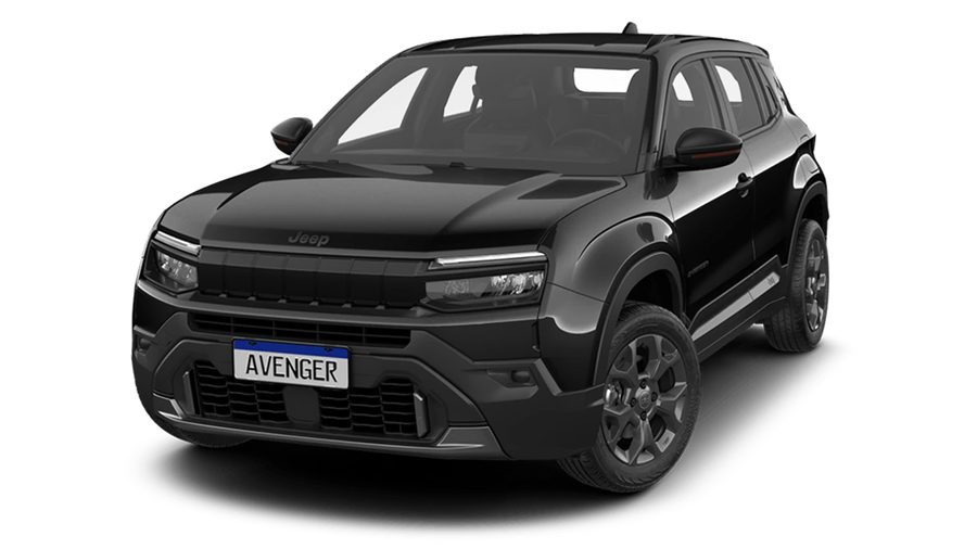 Jeep Avenger preto visto de frente em três quartos