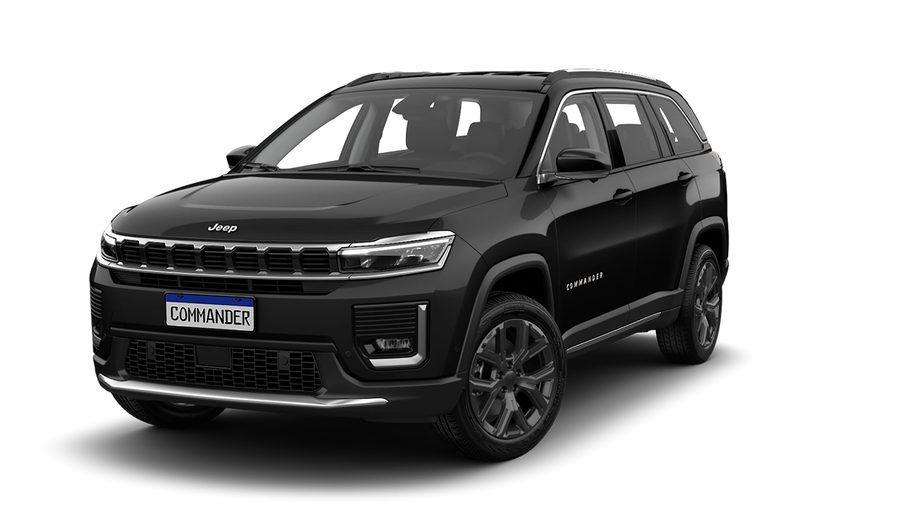 Jeep Commander preto visto de frente em três quartos