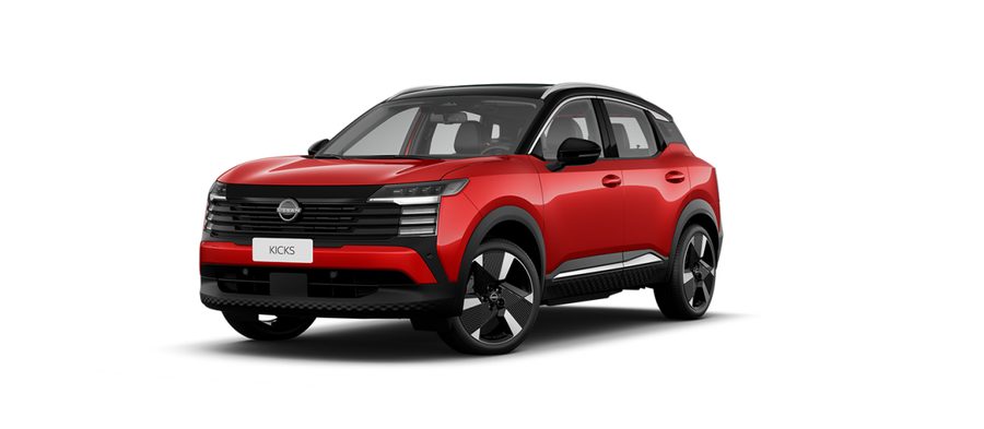 Nissan Kicks vermelho visto de frente em três quartos