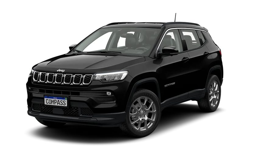 Jeep Compass preto visto de frente em três quartos